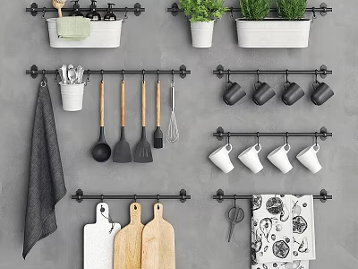 Kitchen Decorative Ornament Combination With Hanging Rods Utensils Mugs Cutting Boards Towels And Potted Plants 3d model