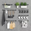 Kitchen Decorative Ornament Combination With Hanging Rods Utensils Mugs Cutting Boards Towels And Potted Plants