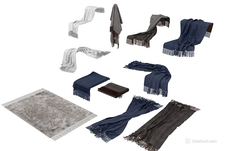 Assorted Colored Scarves And Blankets With Fringes And Folded Textile Designs 3d model 