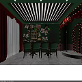 Vintage Themed Interior Design Featuring Green Walls Red Curtains Colorful Pendant Lights And Wall Decor