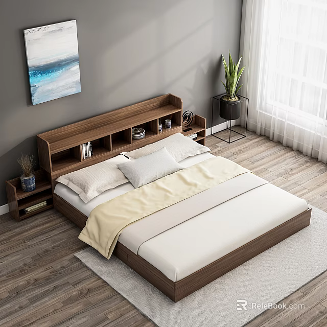 Modern Double Bed with Wooden Headboard Storage Beige Bedding Abstract Painting Potted Plant and Floor 3d model 