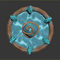 Wooden Stone Decorative Bowl Featuring Blue Crystal Water and Suspended Turquoise Sphere with Orange Coils