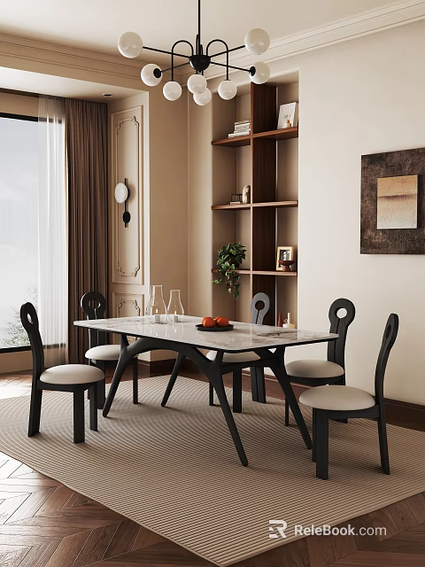 Elegant Dining Room Interior With White Table Black Chairs Wall Art And Green Plant 3d model 
