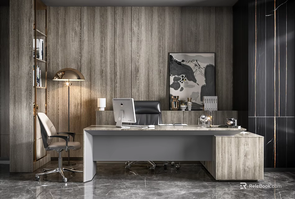 Modern Office Desk With Leather Chair Floor Lamp And Decorative Painting On Wooden Wall 3d model 
