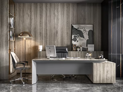 Modern Office Desk With Leather Chair Floor Lamp And Decorative Painting On Wooden Wall 3d model