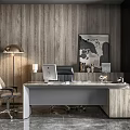 Modern Office Desk With Leather Chair Floor Lamp And Decorative Painting On Wooden Wall