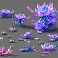 Colorful Purple Blue Lotus Like Plants With Different Sizes Forms And Pink Crystal Elements