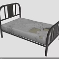 Dark Wooden Bed Furniture With Curved Headboard Footboard And Worn Gray Mattress With Holes