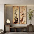 Bamboo Themed Botanical Paintings as Wall Decor in Interior with Real Bamboo Plant