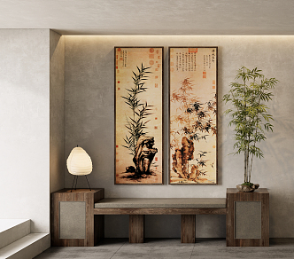 New Chinese Plant Painting Art Hanging Painting Traditional Chinese Painting Ink Bamboo Potted Table Lamp 3d model