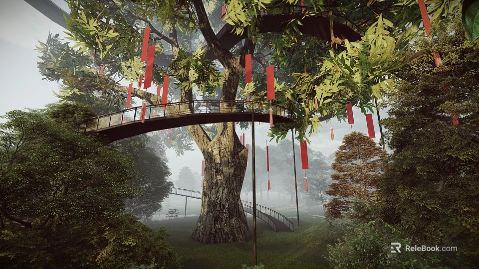 Elevated Bridge Around Giant Tree With Hanging Red Banners In Misty Forest 3d model 