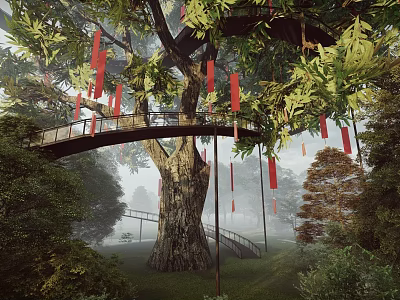 Elevated Bridge Around Giant Tree With Hanging Red Banners In Misty Forest 3d model