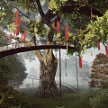 Elevated Bridge Around Giant Tree With Hanging Red Banners In Misty Forest