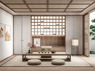 Japanese Style Tea Room Tatami Tea Room Tea Table Tea Table and Chair Partition Moving Door 3d model