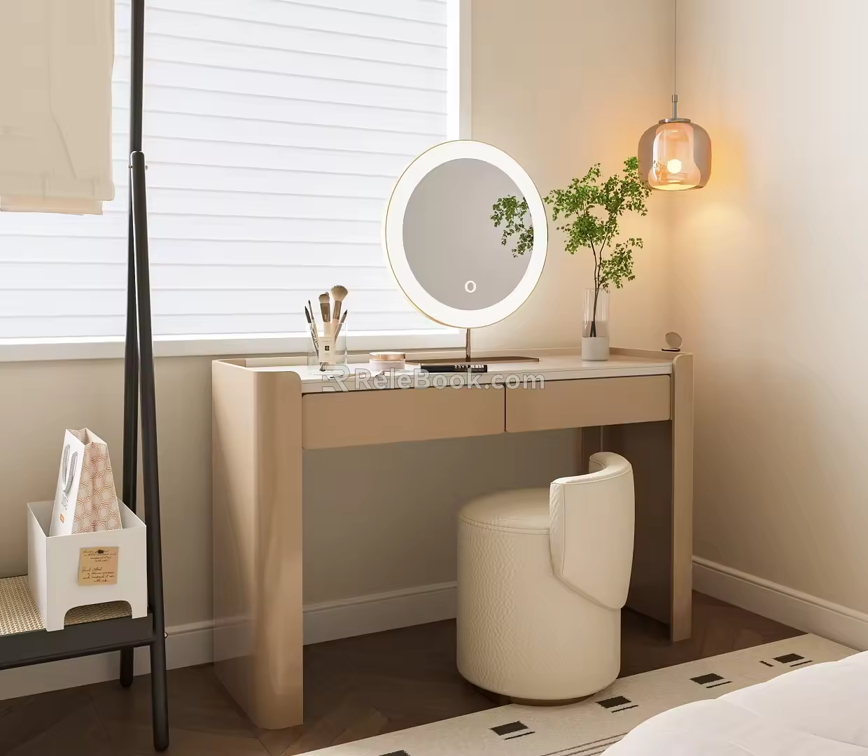Modern Dressing Table Makeup Stool Combination Mirror Green Plant Cream Style Dressing Table Dressing Mirror Hanger 3d model