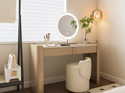 Modern Dressing Table with Round Illuminated Mirror Makeup Brushes Cream Stool and Potted Plant 3d model