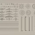 Ornate Carved Decorative Elements Including Circular Rosettes Columns And Linear Mouldings