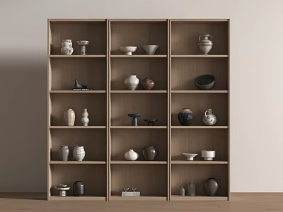 Ceramic Vessels Including Bowls Jars And Vases Displayed On Wooden Shelf 3d model