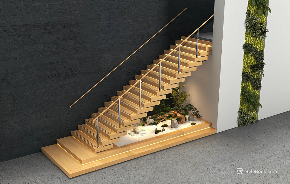 Modern Wooden Staircase With Metal Railing Dark Wall Decorative Plants And Living Plant Wall 3d model 