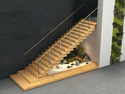 Modern Wooden Staircase With Metal Railing Dark Wall Decorative Plants And Living Plant Wall 3d model