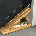 Modern Wooden Staircase With Metal Railing Dark Wall Decorative Plants And Living Plant Wall