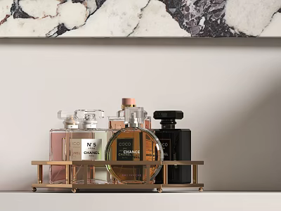 Perfume Cosmetics Displayed On Golden Tray Over White Shelf With Marble Background 3d model