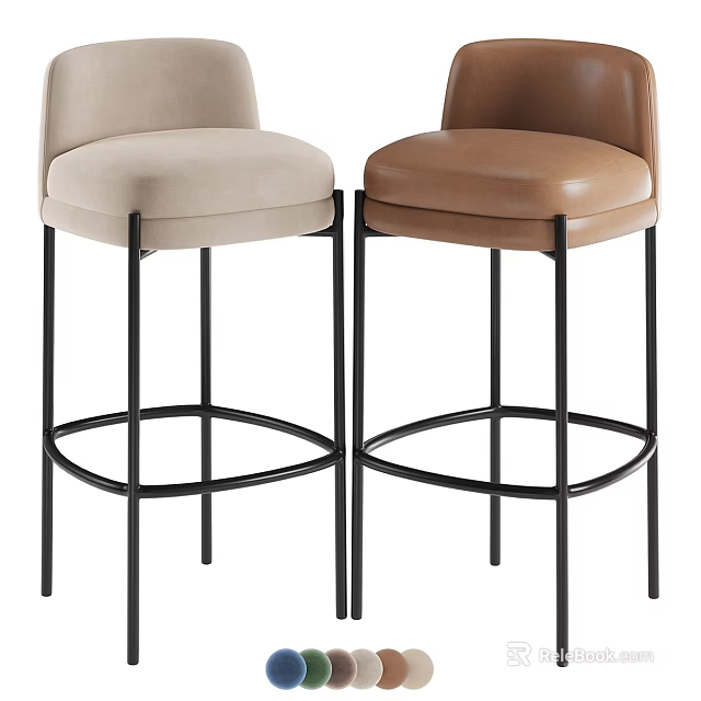 Two Modern Bar Stools With Beige And Brown Seats 3d model 