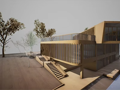 Modern Clubhouse Architecture With Wooden Structure Glass Facade Staircase And Surrounding Trees 3d model