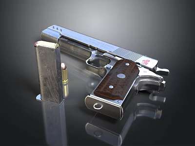 Detailed Metal Pistol With Wooden Grip Magazine And Bullet On Black Surface 3d model