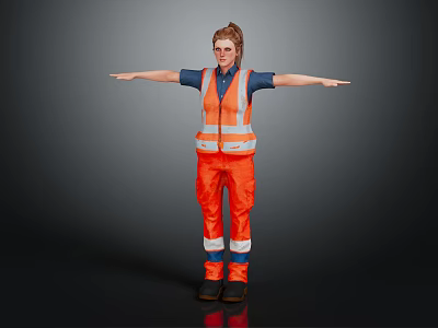 Woman In Orange Reflective Vest And Pants With Arms Outstretched On Dark Background 3d model