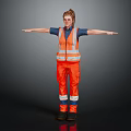 Woman In Orange Reflective Vest And Pants With Arms Outstretched On Dark Background