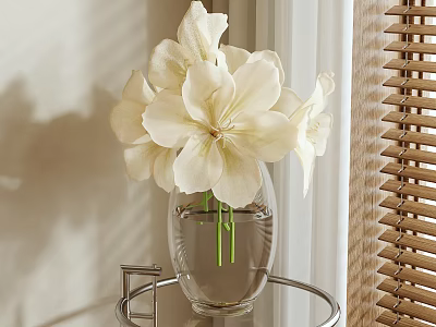 White Lilies in Transparent Glass Vase on Metal Stand Near Window Blinds 3d model