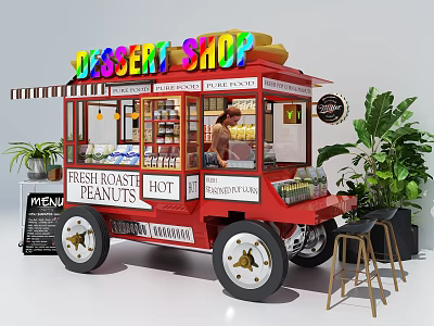 Red Dessert Cart With Dessert Shop Sign Fresh Roast Peanuts and Plants 3d model