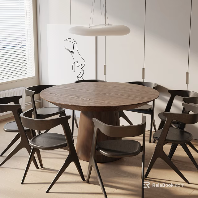 Modern Round Wooden Dining Table Set with Black Chairs Window Blinds and Pendant Lights 3d model 