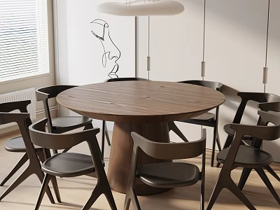 Modern Round Wooden Dining Table Set with Black Chairs Window Blinds and Pendant Lights 3d model