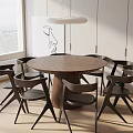 Modern Round Wooden Dining Table Set with Black Chairs Window Blinds and Pendant Lights