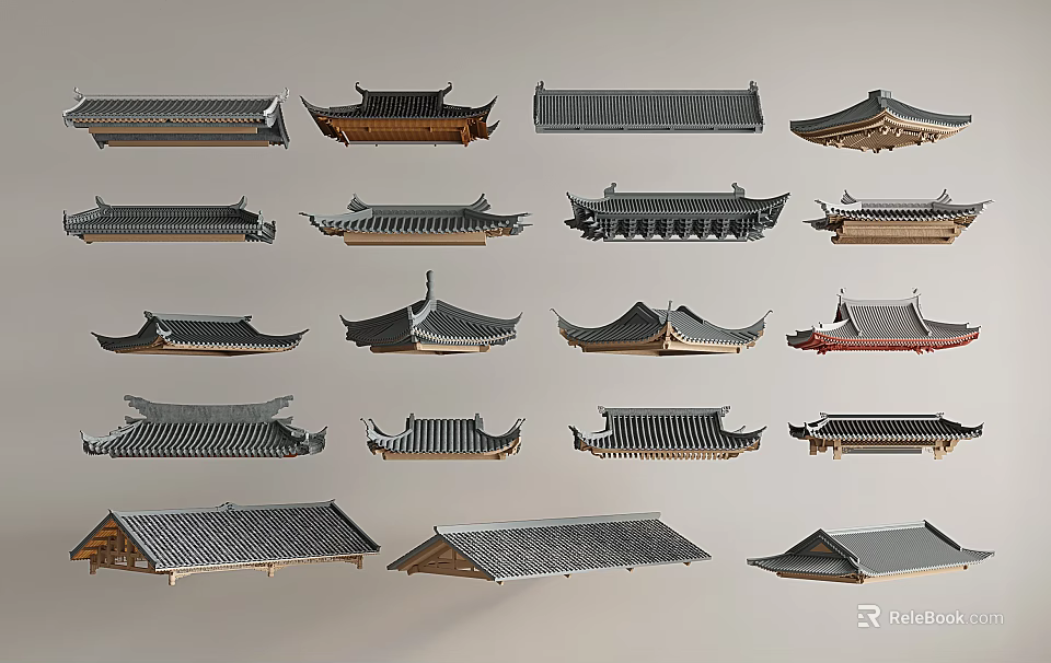 Collection of Traditional Chinese Roof Components Featuring Various Architectural Styles 3d model 