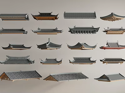 Collection of Traditional Chinese Roof Components Featuring Various Architectural Styles 3d model