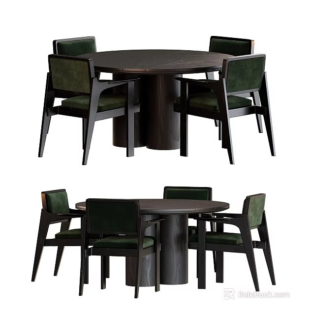 Modern Round Dining Table Set With Four Green Upholstered Chairs Dark Wooden Frame 3d model