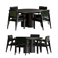 Modern Round Dining Table Set With Four Green Upholstered Chairs Dark Wooden Frame 3d model