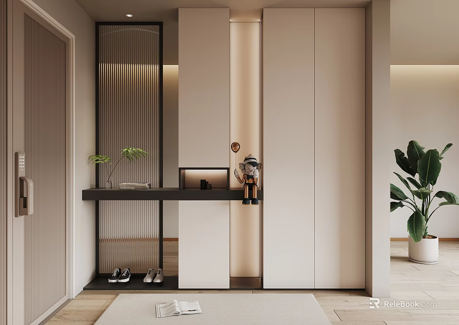 Modern Foyer Hallway Design With Shelf Plants And Shoes 3d model 