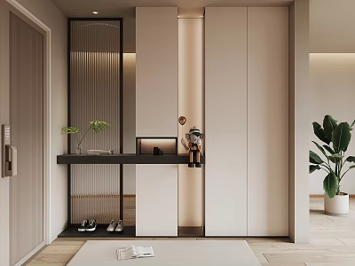 Modern Foyer Hallway Design With Shelf Plants And Shoes 3d model