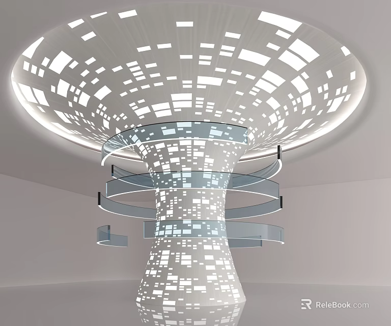 Modern Architectural Column With Illuminated Canopy Featuring Square Cutouts and Spiral Curved Layers 3d model