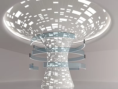 Modern Architectural Column With Illuminated Canopy Featuring Square Cutouts and Spiral Curved Layers 3d model