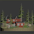 Cartoon Scene Featuring Red Houses With Black Roofs And Tall Green Pine Trees