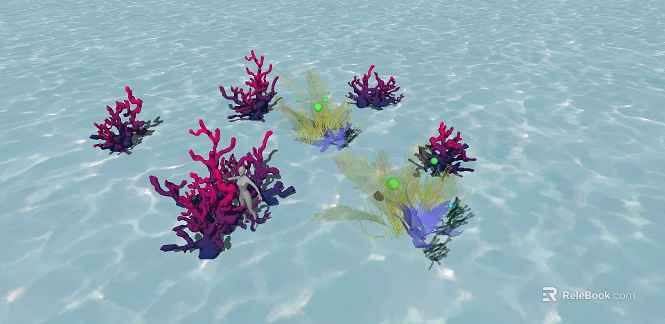 Colorful Aquatic Plants With Red Purple Yellow Foliage In Shallow Water 3d model 