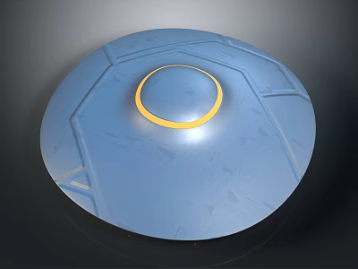 Blue Disc Shaped Object With Geometric Surface Patterns And Yellow Central Halo 3d model