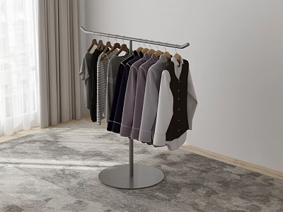 Floor Standing Clothes Rack With Hanging Clothes In Room With Rug Curtains 3d model