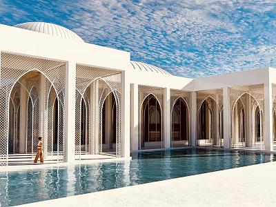 White Building With Arched Portico And Pool Under Blue Sky With Clouds And Person Standing 3d model