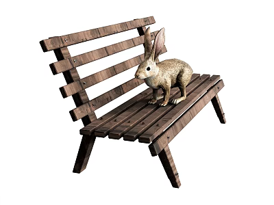 Wooden Outdoor Bench With Rabbit Figurine Rustic Design For Garden Patio 3d model